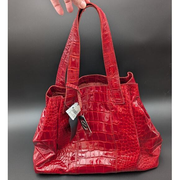 Francesco Biasia Tote Bag Womens Large Red Buffalo Leather Croc Embossed Purse - Picture 1 of 16
